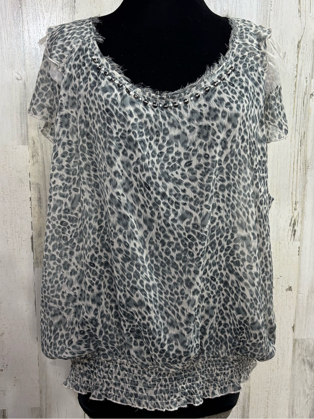 American Rag Plus Size Grey Leopard Print Beaded Neck Blouse